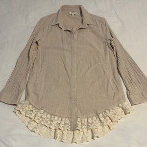 Umgee Beige Button Down Shirt with Lace Hem